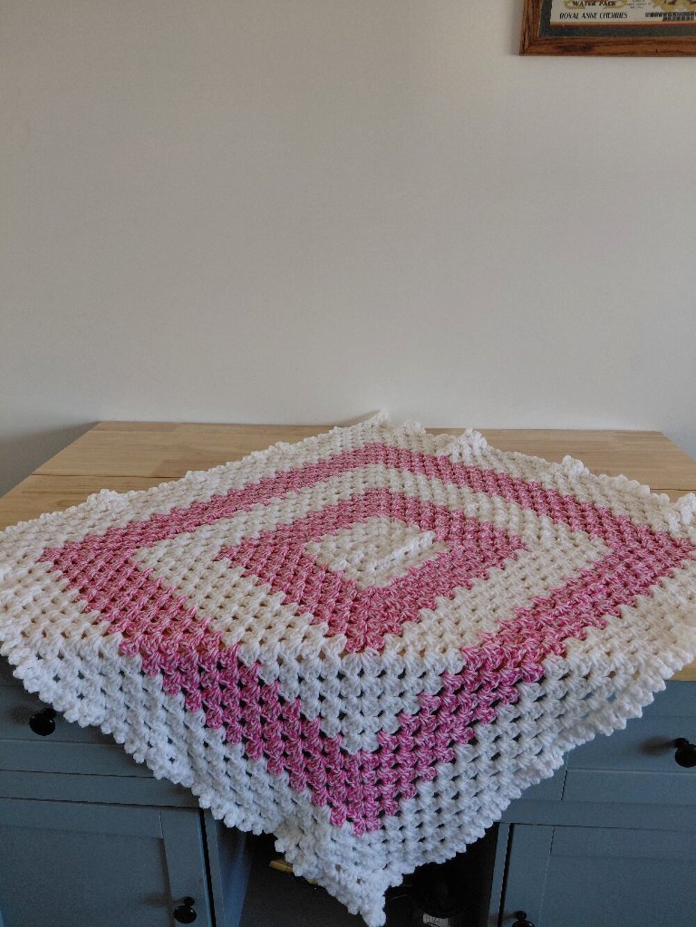 New Hand-Crocheted Baby Blanket (White/Pink)
